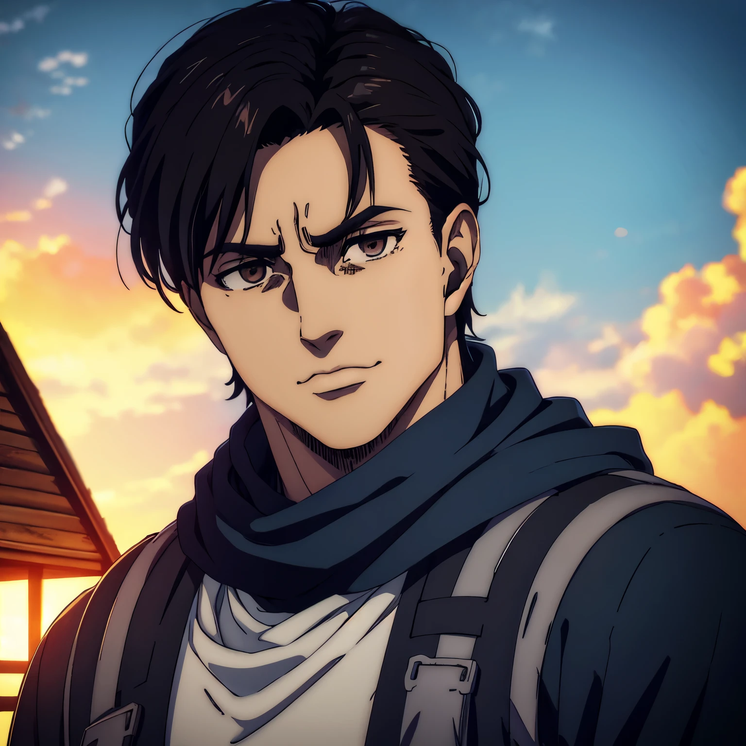 A male character with brown eyes and  with black hair in the Mappa art style. He is depicted in a grey, showcasing a sharp jawline.He is also wearing blue shirt. He is also well built body. He is wearing dark blue scarf around neck. He is slightly smiling. Behind him a small cabin. The artwork should have the best quality, with ultra-detailed and realistic features. The color palette should be vivid, and the lighting should emphasize the character's facial structure and expression.