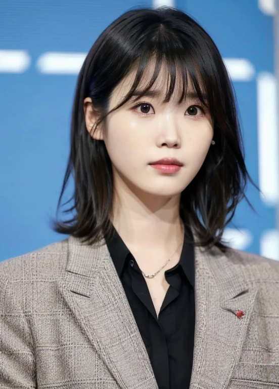 best quality, RAW photo, IU, Lee Ji Eun, 1girl, solo, looking at viewer, bangs, shirt, black hair, jacket, upper body, collared shirt,  black eyes, lips,