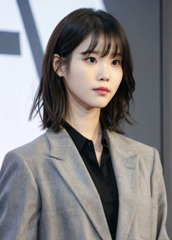 best quality, RAW photo, IU, Lee Ji Eun, 1girl, solo, looking at viewer, bangs, shirt, black hair, jacket, upper body, collared shirt,  black eyes, lips,