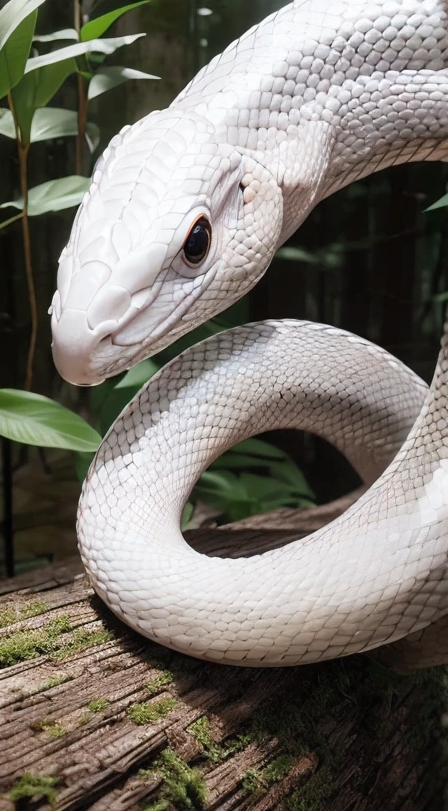 masutepiece, Best Quality, 8K, 4K, A White Snake, Black eyes, temple, Front view, Front face, head shot, One head, glowing aura, in woods