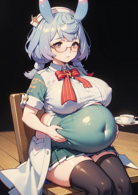 (masterpiece, best quality), 1girls, big belly, blurry background, huge belly, art by kipteitei, round belly, chubby, curvy, white button-up shirt, skirt, thighhighs, simple_background, gradient_background, belly bursting out of shirt, belly grab, enormous belly, fat belly, thicc, bigger belly, sitting on chair, really big belly, jiggly belly, shirt covering belly, belly cover by shirt, glasses