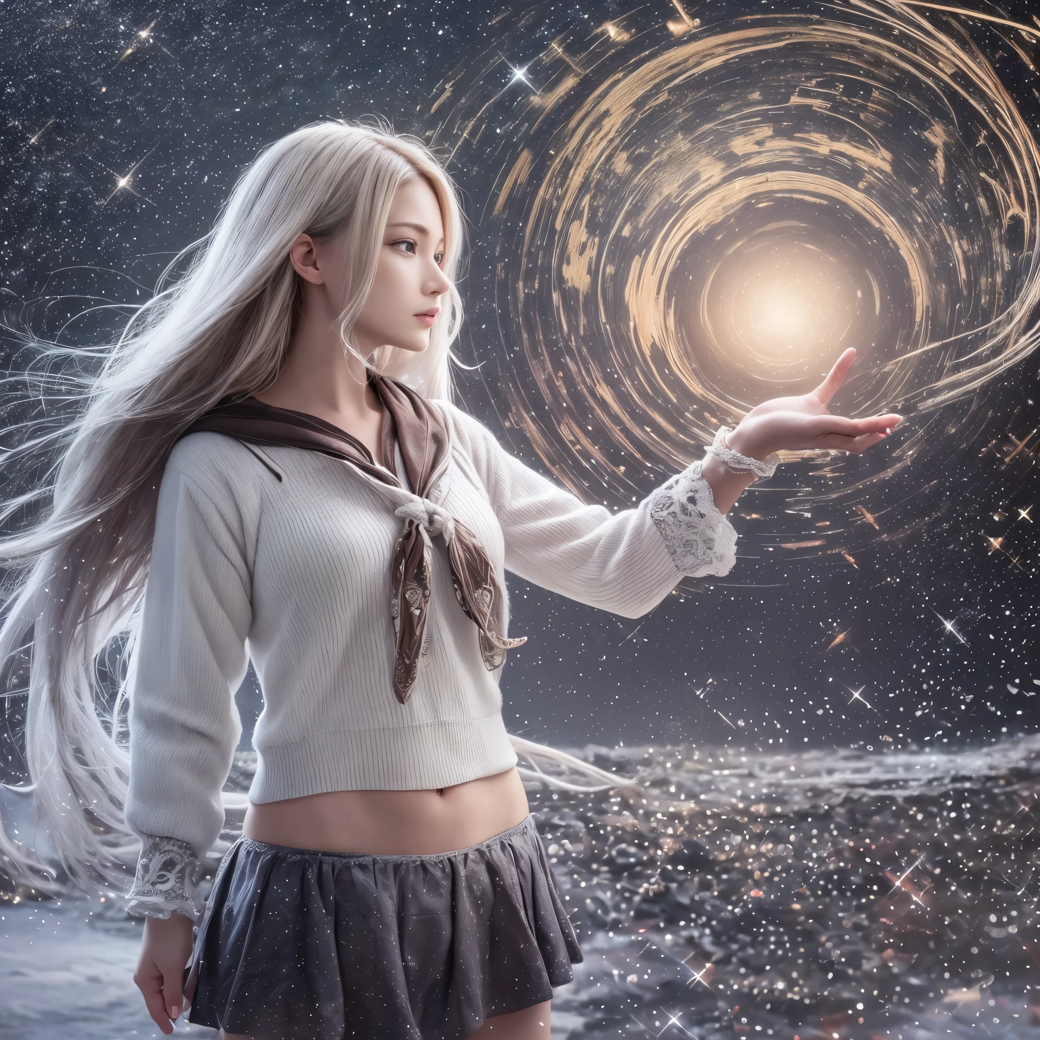 (Raw photo:1.2), (Photorealistic), Beautiful detailed girl, Very detailed eyes and face, Beautiful detailed eyes, Huge file size, High resolution, Very detailed, Best Quality, [masutepiece:1.6], Illustration, Very detailed, Fine detail, Best Quality, 8K Wallpaper, Movie Lighting,15-year-old high school girl, , Snowy night sky, night cityscape, Unleash magic from your hands, Fantastic sight,Underwear, Longhaire, Underwearで,White bra,  You can see the white panties, Slim body, Young Face, Smaller chest, Immature body, sparkling magic