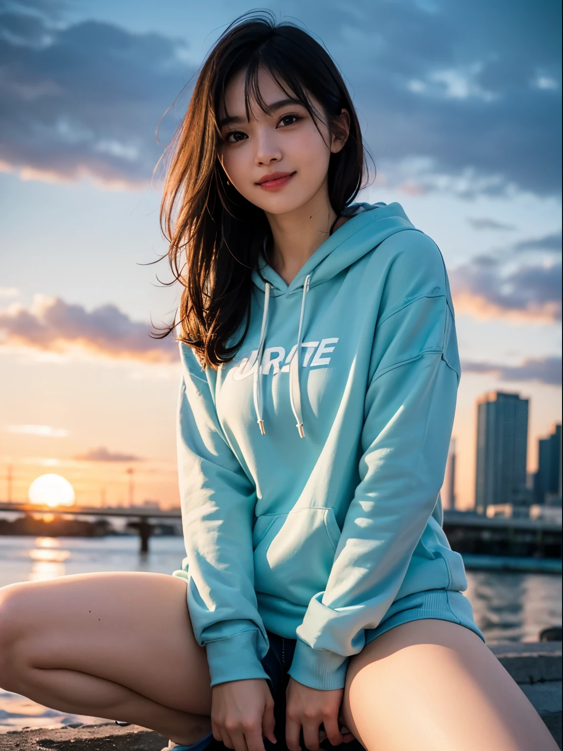 (RAW photo, best quality, high quality, highres), (realistic, photo-realistic), ultra-detailed, (front lighting), physically-based rendering, 1girl, 20 years old, (looking at viewer), (highly detailed skin:1.3), smiling, head tilt, very very long longest hoodie, light blue hoodie, bare legs, no pants, hands in hoodie pocket, detailed eyes, air bangs, sunset cityscape, crouching, (spread legs wide open), dynamic pose, low angle, NSFW