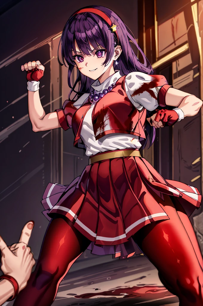 (​masterpiece)、(top-quality)、(ultra-detailliert)、intricate detailes、athena97、(1girl in)、独奏、Purple eyes、Purple hair、length hair、White earrings、red hairband、Star hair ornament、Medium Breath、Red vest、White turtleneck、White Puff Sleeves、shortsleeves、Red pleated skirt、(Crimson pantyhose:1.2)、Black pantyhose、Yellow belt、purple sphere shape necklace、Red fingerless gloves、White short socks、Red shoes、evil smile、NSFW、cowboy shot rally background、anime styled、(Blood on the face:1.4)、(Fighting stance:1.6)