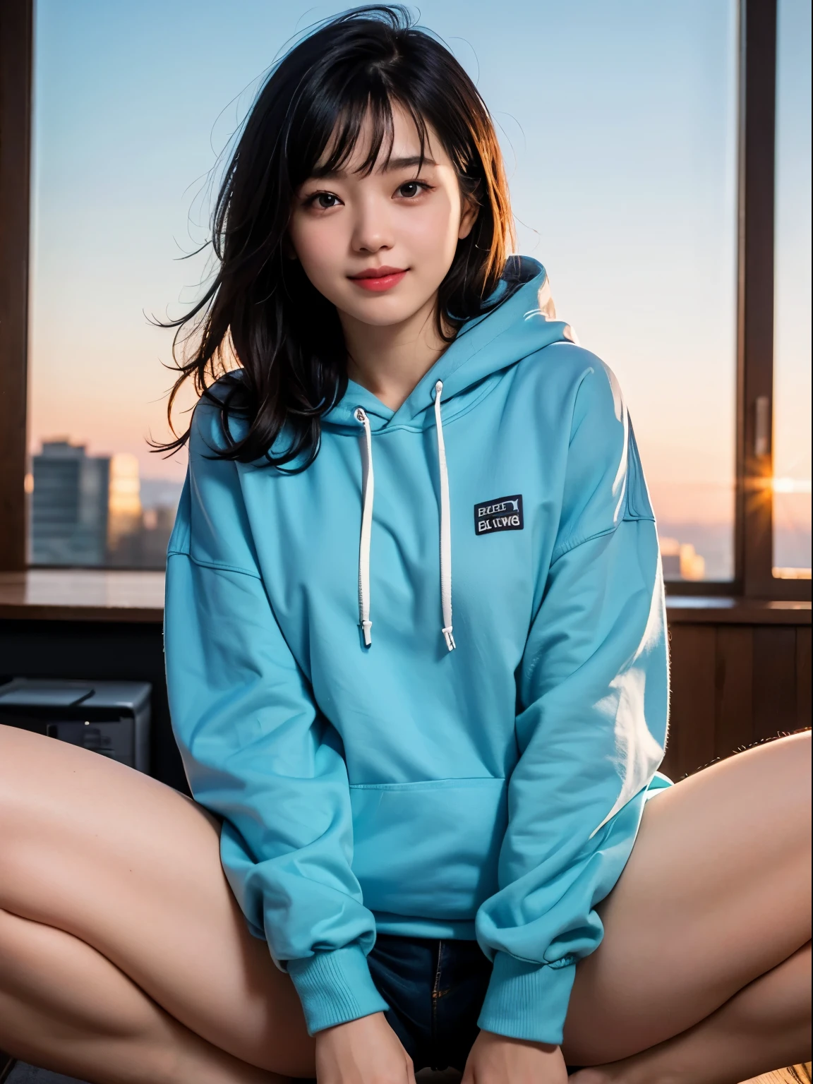 (RAW photo, best quality, high quality, highres), (realistic, photo-realistic), ultra-detailed, (front lighting), physically-based rendering, 1girl, 20 years old, (looking at viewer), (highly detailed skin:1.3), smiling, head tilt, very very long longest hoodie, light blue hoodie, bare legs, no pants, hands in hoodie pocket, detailed eyes, air bangs, sunset cityscape, crouching, (spread legs wide open), dynamic pose, low angle, NSFW