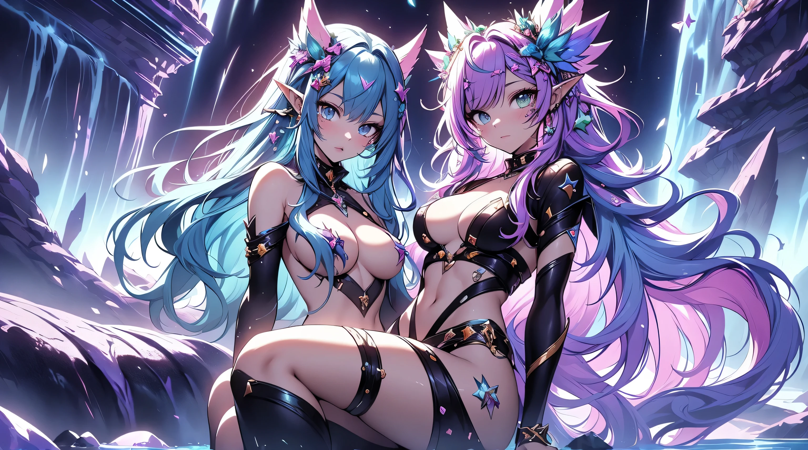 2 girls, elf, cute face, long multicolored hair, extreme abs, very skimpy outfits, nude, naked, fashion, spreading legs, alien planet, flora and fauna, expedition, night time, stars and moons, magical, alternative fashion, waterfall, research, starlight, magical,