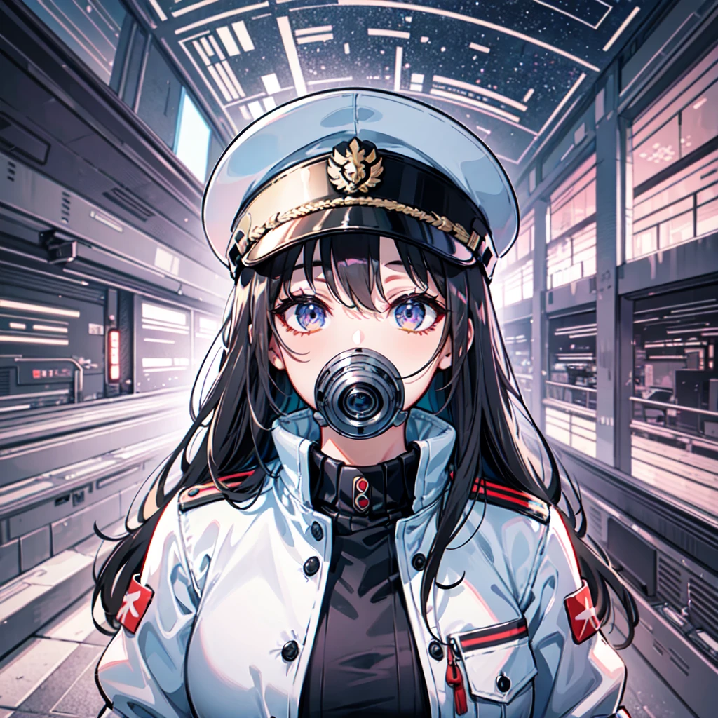 (((masterpiece、Top image quality、top-quality、highly detailed unity 8kwall-paper)))、(Illustration of one woman)、30-years old、(Viceroy)、((Black hair bob hair))、(((Gas mask covering the mouth)))、Gray eyes、((Tall))、((huge tit))、((Military uniforms))、((Military Cap))、((Military coat))、(white clothes)、(White pants)、(White cap)、trench coat、(((Inside a futuristic spaceship、Inside the bridge、The Universe on the Monitor)))