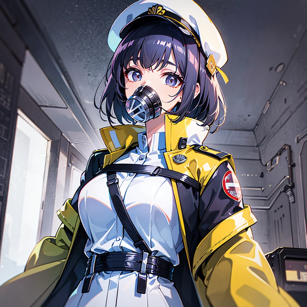 （（（​masterpiece、Top image quality、top-quality、highly detailed unity 8ｋwall-paper）））、（Illustration of one woman）、30-years old、（Viceroy）、（（Black hair bob hair））、（（（Gas mask covering the mouth）））、Gray eyes、（（Tall））、（（huge tit））、（（Military uniforms））、（（Military Cap））、（（Military coat））、（white  clothes）、（White pants）、（White cap）、trench coat、（（（Inside a futuristic spaceship、Inside the bridge、The Universe on the Monitor）））