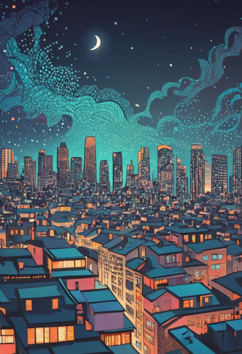 (best quality,4k,highres,masterpiece:1.2),ultra-detailed,(realistic:1.37),City Night View in a zentangle style,architecture,streets,crowded,neon lights,twinkling stars,detailed windows,vivid colors,dreamlike atmosphere,zigzag patterns,sharp lines,black and white combination,tangled buildings,surrealistic,night sky,glowing moon,contrast between lights and shadows,creativity,unique style,meticulous attention to details,expressive strokes,urban landscape,mysterious vibes,imagination,enchanted scene,nighttime hustle and bustle,thousands of windows shining bright,humming city life,long exposure effect,skyscrapers reaching for the sky,abstract patterns,creative interpretations,urban symmetry,zigzag rooftops,glowing skyscrapers,limited color palette,zentangle influences,cityscape at night,tranquil ambiance,moonlit scenery.