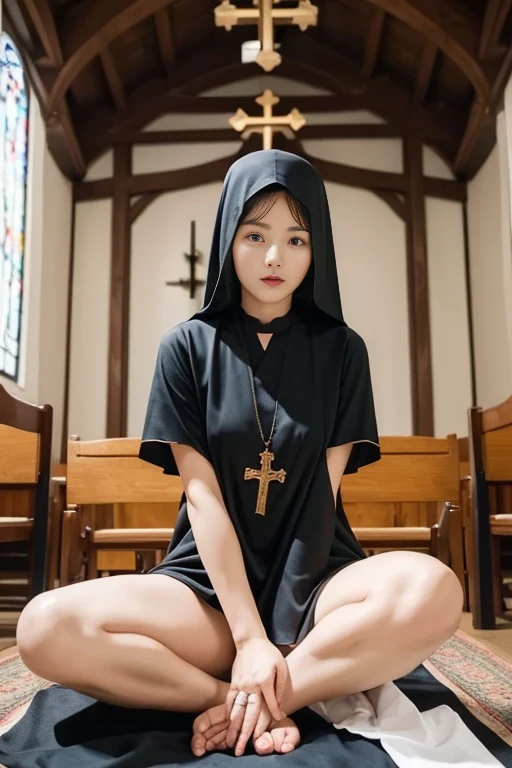 1Woman, 25 years, (ultra beautiful face:1.5), (Black monastic vestments:1.1), Sitting on a chair in the chapel with legs spread, ((frontal view)), (spread legs apart:1.1)、cross necklace, Church chapel, (NSFW)
