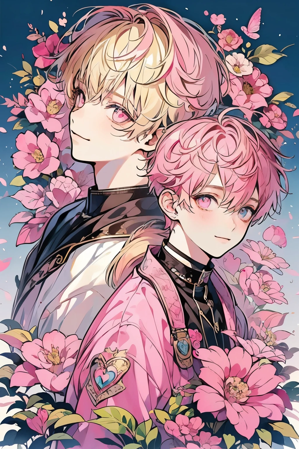 (masutepiece), (Best Quality), Highly detailed, (Two Boys:1.5)，facing position，Perfect face, Beautiful face, extra detailed face，(Pink eyes:1.3)，florals，butterflys々，floralsびら，optic，(a smile:1.3)，(blond boy:1.4)，(pink hair boy:1.4)