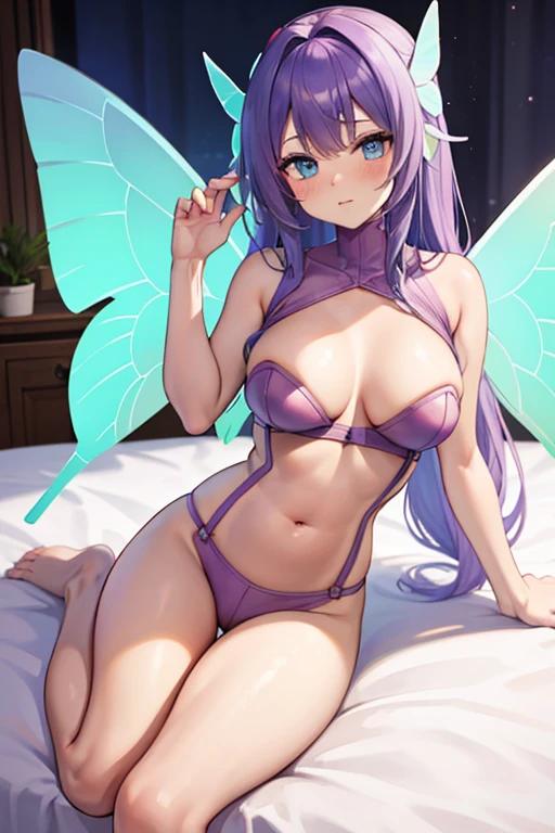 ((Best Quality)), ((Masterpiece)), (detailed), purple hair, blue eyes, hair ornament, ((butterfly wings)),red bikini , sexy, large breast, bed