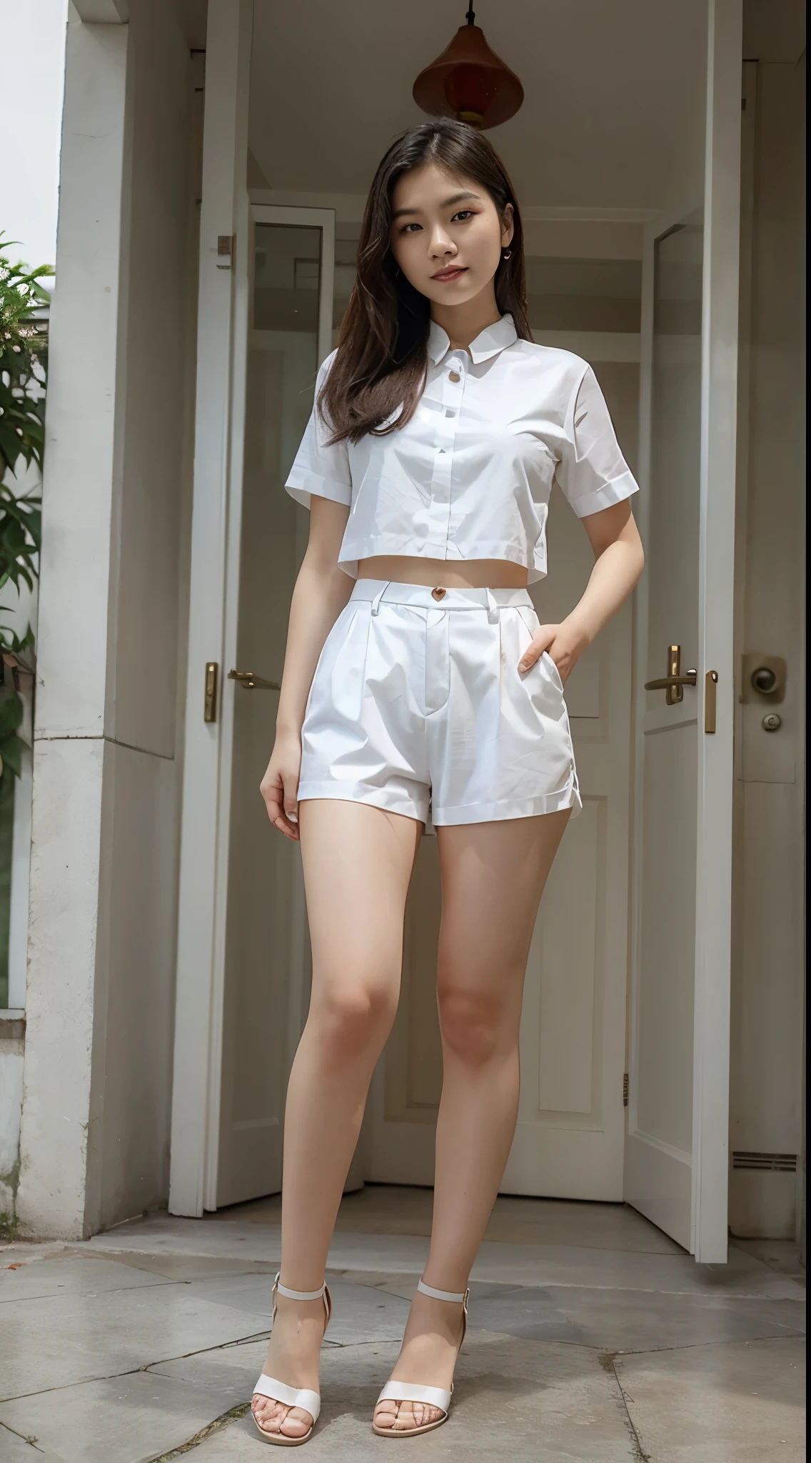 A beautiful vietnamese woman wearing white short, 22 years old, standing in the gadern. Full body