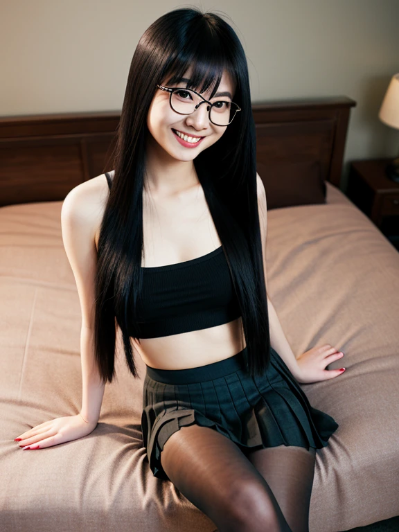 asian, glasses,  small breasts, topless, smile, sexy pencil skirt, tights, long straight hair, long legs