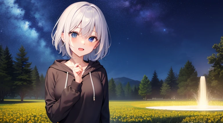 (masutepiece: 1.2, Best Quality), 1 Lady, Solo, silber hair,Shoulder out,Very short hair, long bangs between eyes, blue eyess,Black eyes, Hoodie,White hair, Silver hair, Hoodie, White hoodie、night sky full of stars、rays of moonlight、fountain in the forest、flower field、open open mouth、5 fingers