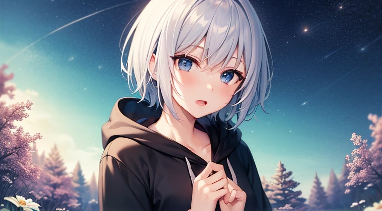 (masutepiece: 1.2, Best Quality), 1 Lady, Solo, silber hair,Shoulder out,Very short hair, long bangs between eyes, blue eyess,Black eyes, Hoodie,White hair, Silver hair, Hoodie, White hoodie、night sky full of stars、rays of moonlight、fountain in the forest、flower  field、open open mouth、5 fingers