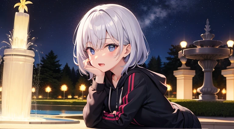 (masutepiece: 1.2, Best Quality), 1 Lady, Solo, silber hair,Shoulder out,Very short hair, long bangs between eyes, blue eyess,Black eyes, Hoodie,White hair, Silver hair, Hoodie, White hoodie、night sky full of stars、rays of moonlight、fountain in the forest、flower field、open open mouth、5 fingers