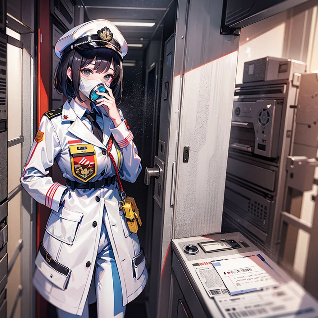 (((masterpiece、Top image quality、top-quality、highly detailed unity 8kwall-paper)))、(Illustration of one woman)、30-years old、(Viceroy)、((Black hair bob cut))、(((Gas mask covering the mouth)))、(((Gas mask covering the mouth)))、Gray eyes、((Tall))、((huge tit))、((Military uniforms))、((Military Cap))、((Military coat))、(white clothes)、(White pants)、(White cap)、trench coat、(((Inside a futuristic spaceship、Inside the bridge、The Universe on the Monitor)))