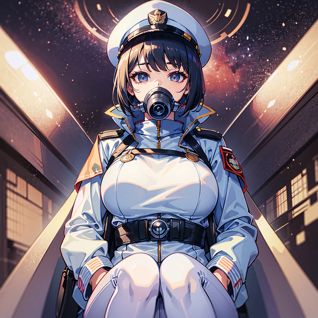 (((masterpiece、Top image quality、top-quality、highly detailed unity 8kwall-paper)))、(Illustration of one woman)、30-years old、(Viceroy)、((Black hair bob cut))、(((Gas mask covering the mouth)))、(((Gas mask covering the mouth)))、Gray eyes、((Tall))、((huge tit))、((Military uniforms))、((Military Cap))、((Military coat))、(white clothes)、(White pants)、(White cap)、trench coat、(((Inside a futuristic spaceship、Inside the bridge、The Universe on the Monitor)))