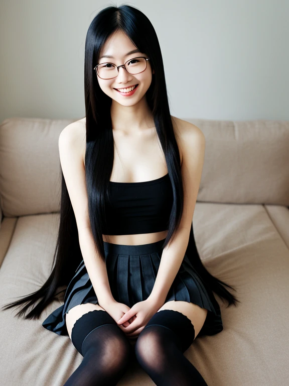 asian, glasses, small breasts, topless, smile, sexy pencil skirt, tights, spread legs, long straight hair, long legs