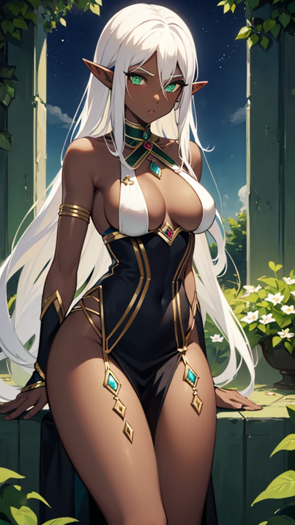 (((Elf Woman))),((Dark Skin)),((White Hair)),((Green Eyes)), (( body)), ((Evening dress))