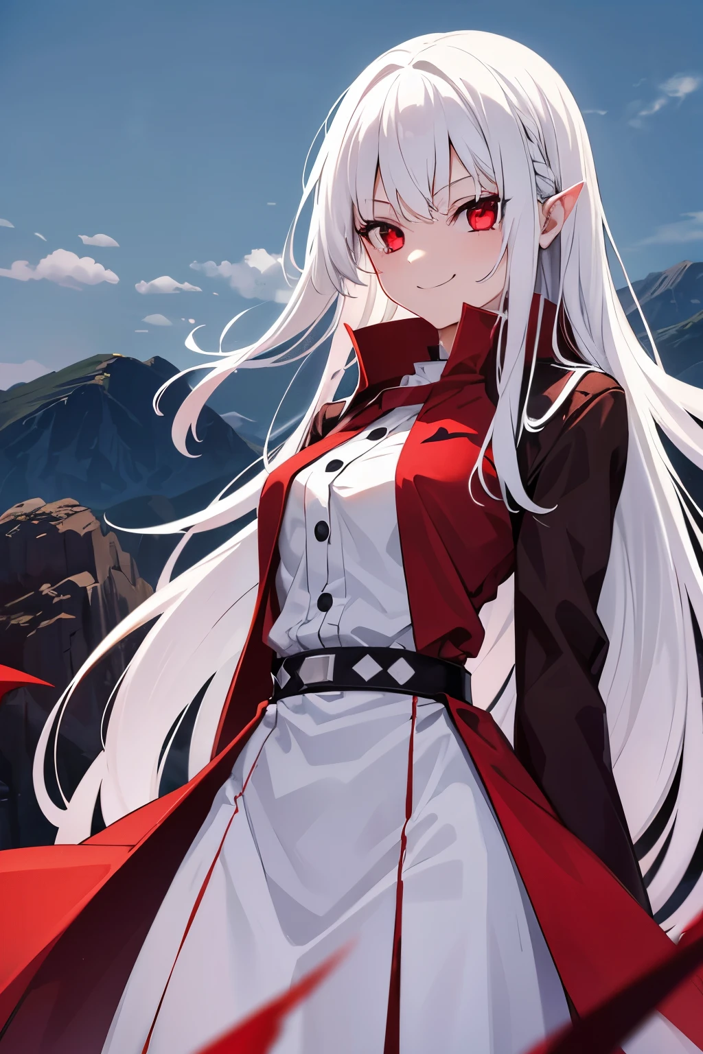 A vampire girl, long white hair, standing on a mountain, smile, hair blowing in the wind, crimson red eyes, blood on face.