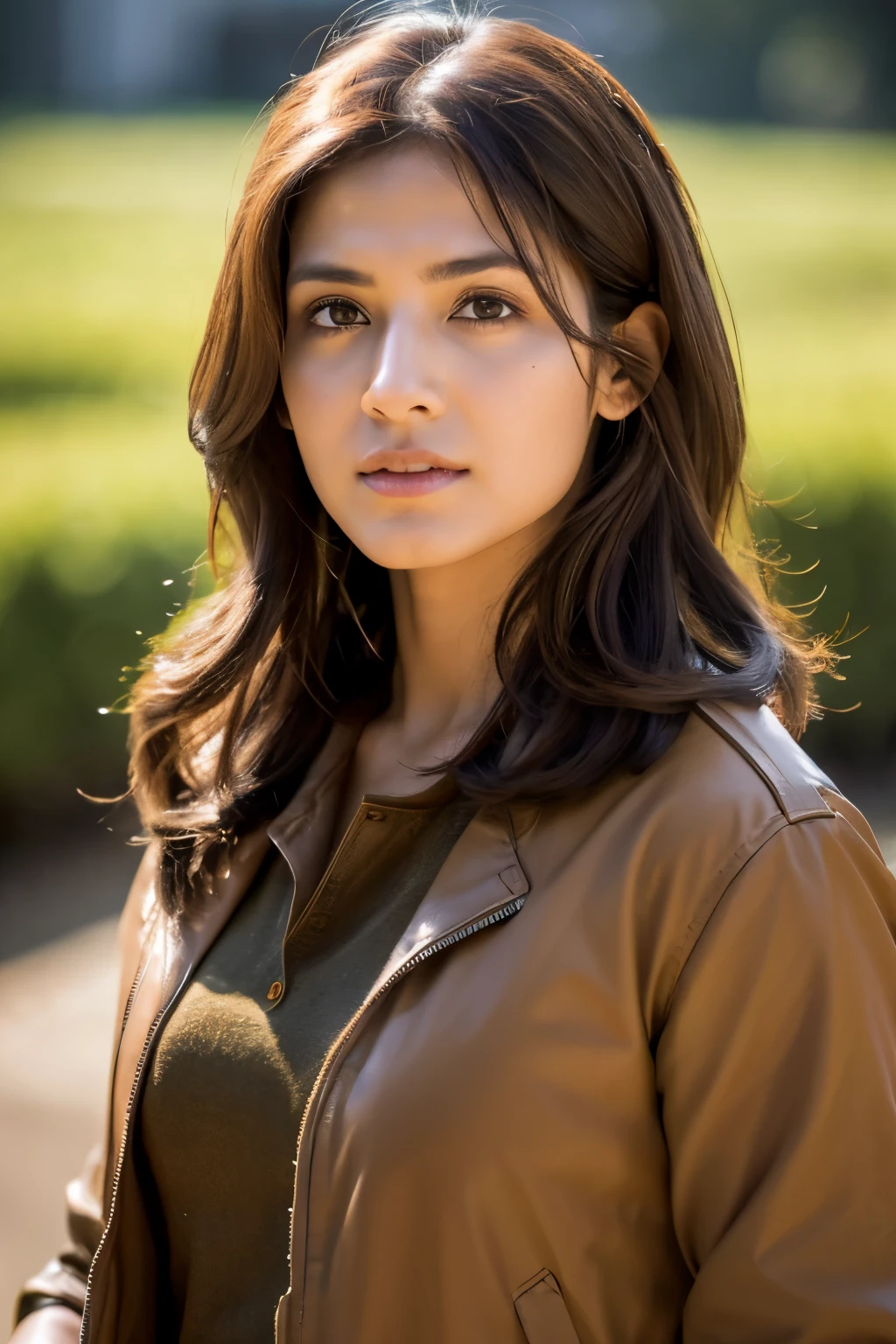8K,Photorealistic, 8K,Arahed picks up a woman wearing brown armor.,A woman with a fearless face that looks like a real slender macho man.,Brown-haired Helly Shorthair,Muscular macho brown pants and protectors,超A high resolution,A hyper-realistic,real looking skin,