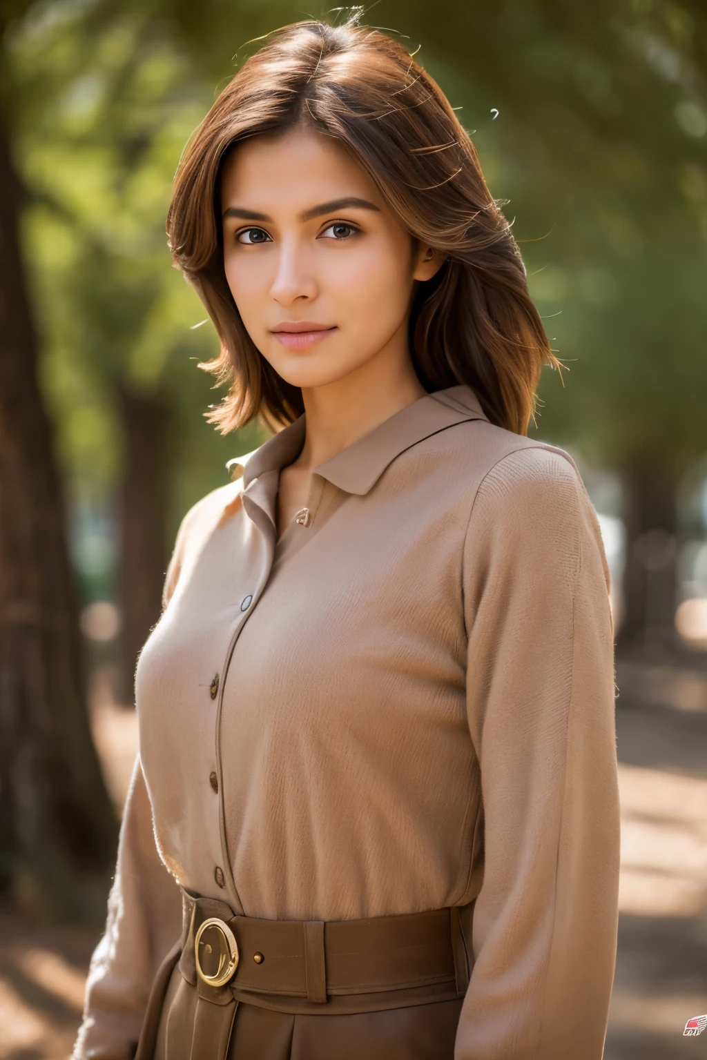 8K,Photorealistic, 8K,Arahed picks up a woman wearing brown armor.,A woman with a fearless face that looks like a real slender macho man.,Brown-haired Helly Shorthair,Muscular macho brown pants and protectors,超A high resolution,A hyper-realistic,real looking skin,