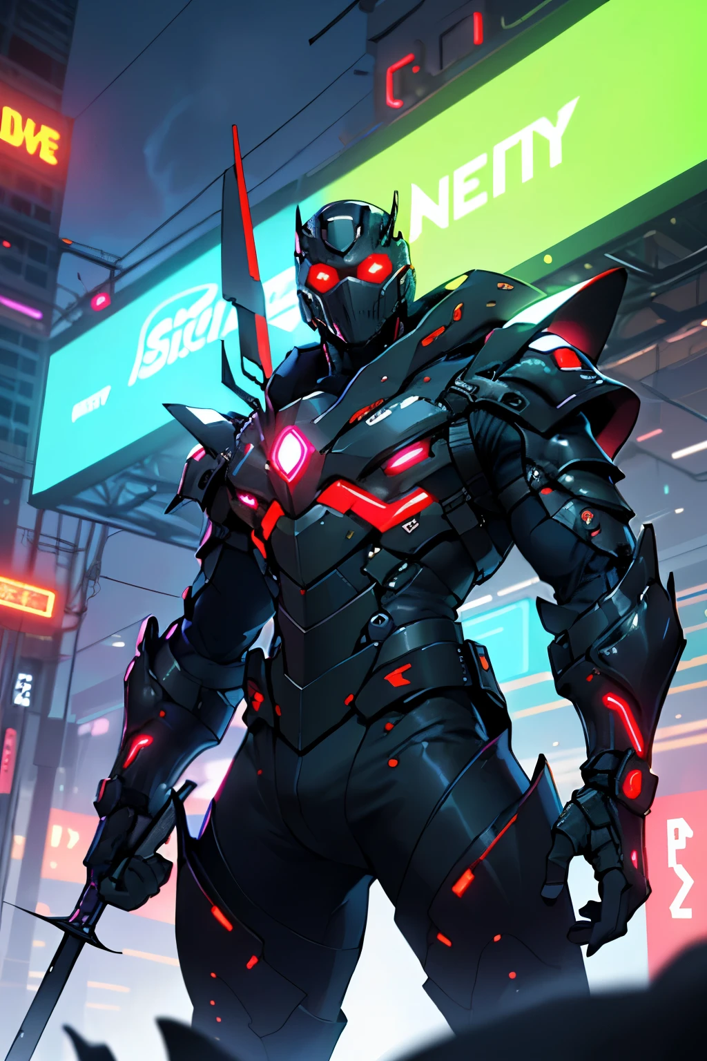 An amazingly scary warrior, (A high resolution,HighDynamicRange,Detailed medieval armor with neon lights and control arms, ((sci-fy, A futuristic))
