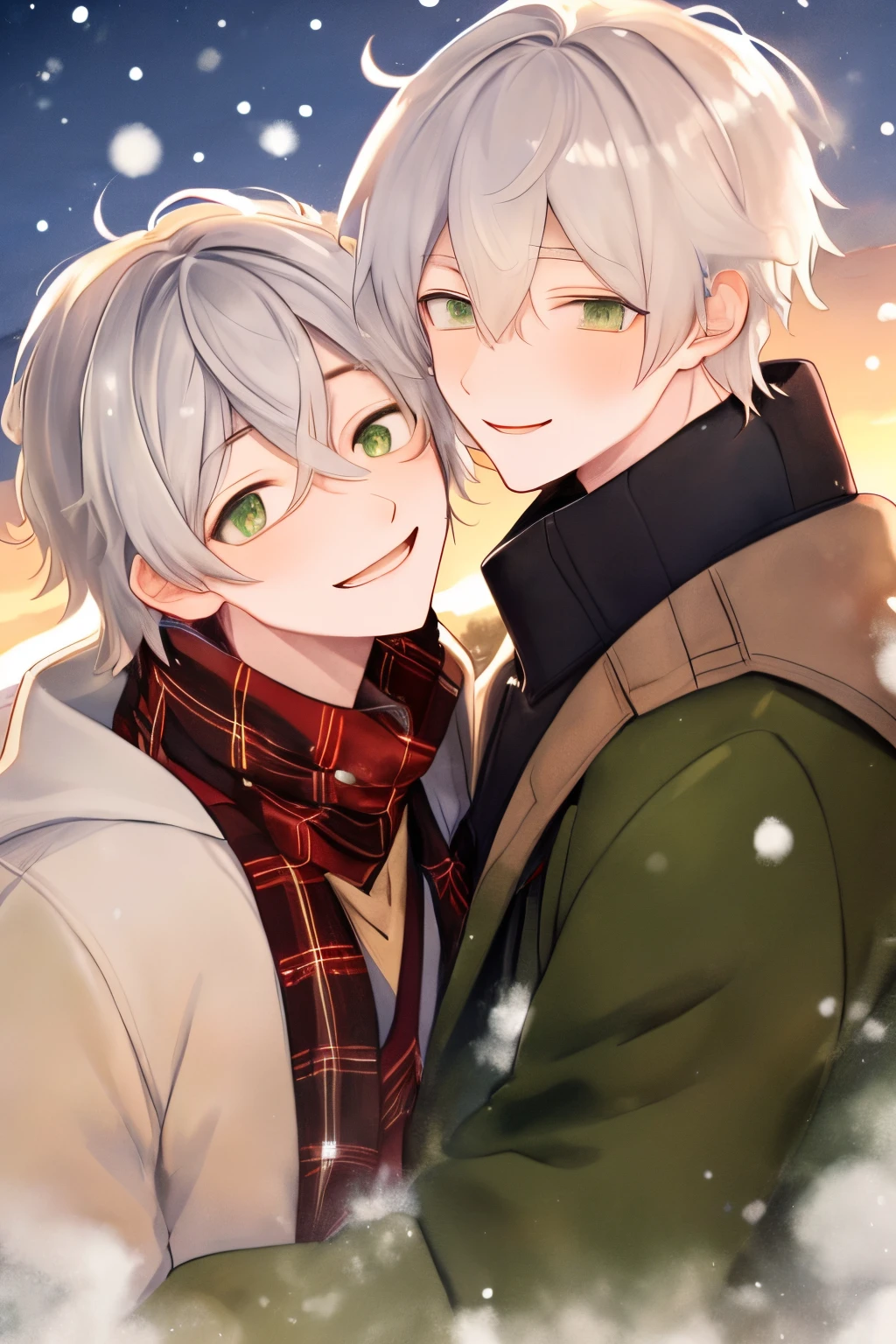 Unparalleled beauty,face perfect、Perfect Eye、green eyes Makoto Shinkai、Blonde and silver-haired、steam、steam、White breath、closing eye、Winter Outfit、snowscape、Landscape like an ink painting、 (2man),ゲイのmale people関係, male people,、stare at each other、Smiling,snow blowing