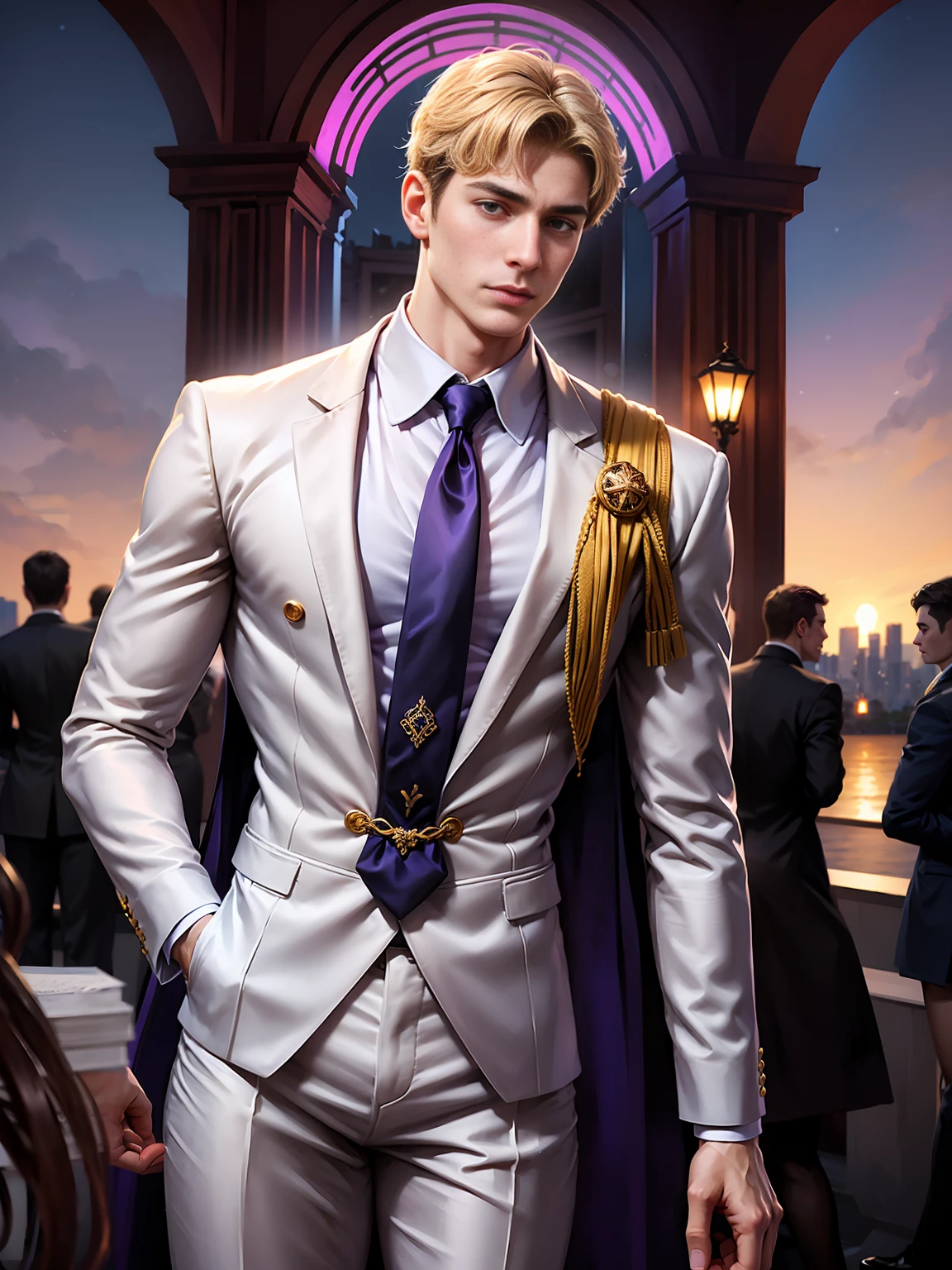 Roman Emperor Constantine the Great resurrected in modern times。34 years old。one adult male。Long body。broad shoulder。thick neck。eyes like a lion。Bright and sharp eyes。calm and strong。Sincere and kind。Kind and reliable。Deal with it sternly if necessary.。talented and hardworking businessman。successful gentleman。careerist。he is wearing a high quality white suit。dark purple tie。Light purple shirt。forceful。An overwhelming sense of control。Happiness in love。Bold composition。look up to。lyrical。Dramatic。heartful。Romantic。Travel situation。Exotic。Romanticism。Mysterious。opulent。elegan。elegance。Italy shining in the golden morning sun、Background of the Arch of Constantine the Great。repentance。Forgiveness。soothing。reconciliation。​masterpiece。top-quality。Super beautiful。The ultra -The high-definition。detaileds。exquisite。