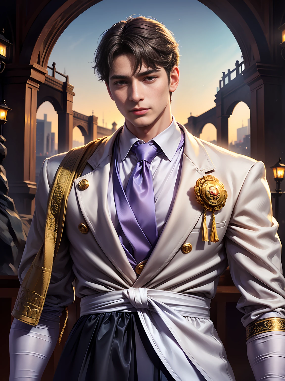 Roman Emperor Constantine the Great resurrected in modern times。34 years old。one adult male。Long body。broad shoulder。thick neck。eyes like a lion。Bright and sharp eyes。calm and strong。Sincere and kind。Kind and reliable。Deal with it sternly if necessary.。talented and hardworking businessman。successful gentleman。careerist。he is wearing a high quality white suit。dark purple tie。Light purple shirt。forceful。An overwhelming sense of control。Happiness in love。Bold composition。look up to。lyrical。Dramatic。heartful。Romantic。Travel situation。Exotic。Romanticism。Mysterious。opulent。elegan。elegance。Italy shining in the golden morning sun、Background of the Arch of Constantine the Great。repentance。Forgiveness。soothing。reconciliation。masterpiece。top-quality。Super beautiful。The ultra -The high-definition。detaileds。exquisite。