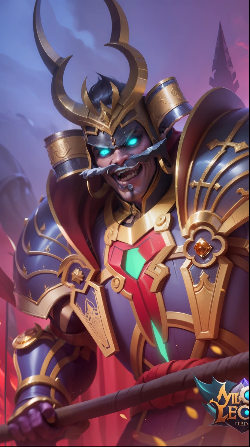 Boy with two big horns, big earrings on ears, elf ear, red eyes, Thick eyebrows, evil smile, grinning,red body, red face, Burning skin, yellow diamonds glistening on chest, burning red skin,golden robe behind, big white belt , 8k , realistic, scary, close-up of a person wearing a gold costume with a spear, inspired by Alpha Crimson Warrior, mobile legends splash art, fuchsia skin under armor, official splash art, shaco from mobile legends, mobile legends style, splash art, mobile legends splash art legend, iconic character splash art