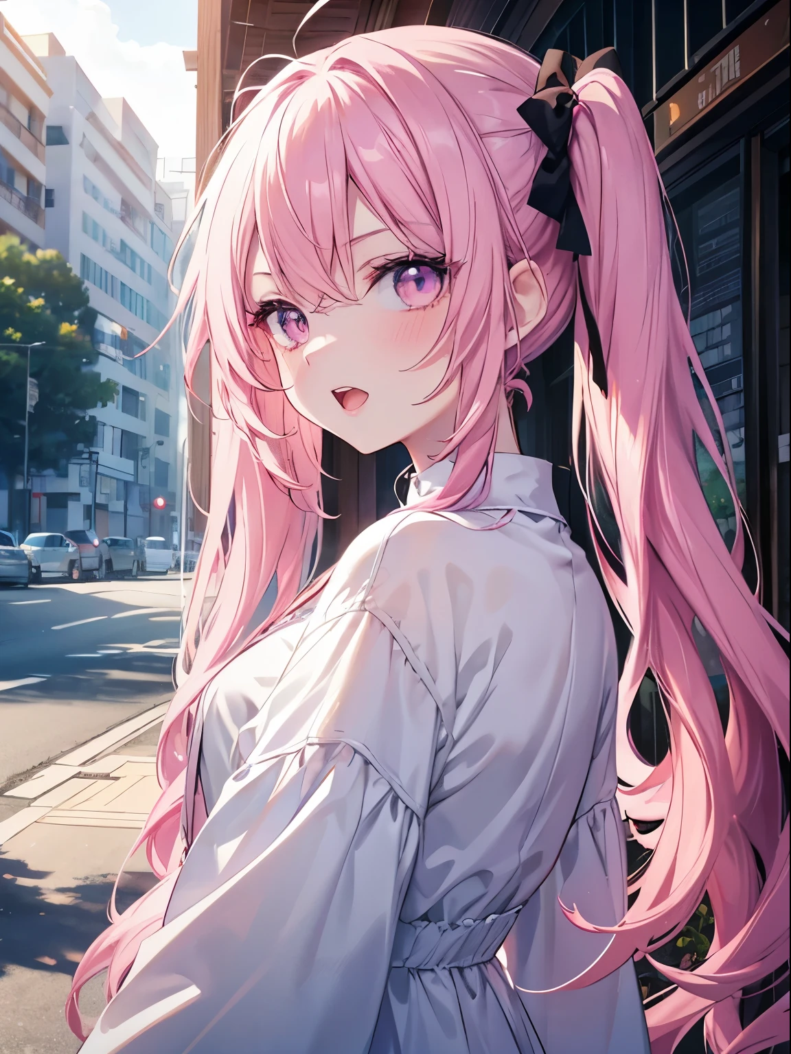 masutepiece, Highest Quality, (Perfect face:1.1), (high detailing:1.1), (ultradetailed eyes), Dramatic, superfine illustration, Extremely detailed,1girl in, (pale skin), Happy, Laugh, Enjoy, Cheerful,Open mouth, gloweyes,pinkhair, (long twintail),Ethereal eyes, pink eye,(light eyebrow),blush, Solo,Pouty lips,Cinematic lighting,Looking at Viewer,upper body,frombelow,from back,Long sleeve,pink princess dress,plein air,in the morning, Sunny,Winter background
