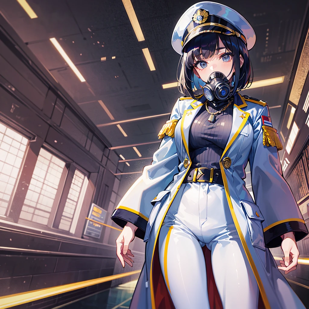 (((masterpiece、Top image quality、top-quality、highly detailed unity 8kwall-paper)))、(Illustration of one woman)、30-years old、(Viceroy)、((Black hair bob cut))、(((Gas mask covering the mouth)))、(((Gas mask covering the mouth)))、Gray eyes、((Tall))、((huge tit))、((Military uniforms))、((Military Cap))、((Military coat))、(white clothes)、(White pants)、(White cap)、trench coat、(((Inside a futuristic spaceship、Inside the bridge、The Universe on the Monitor)))