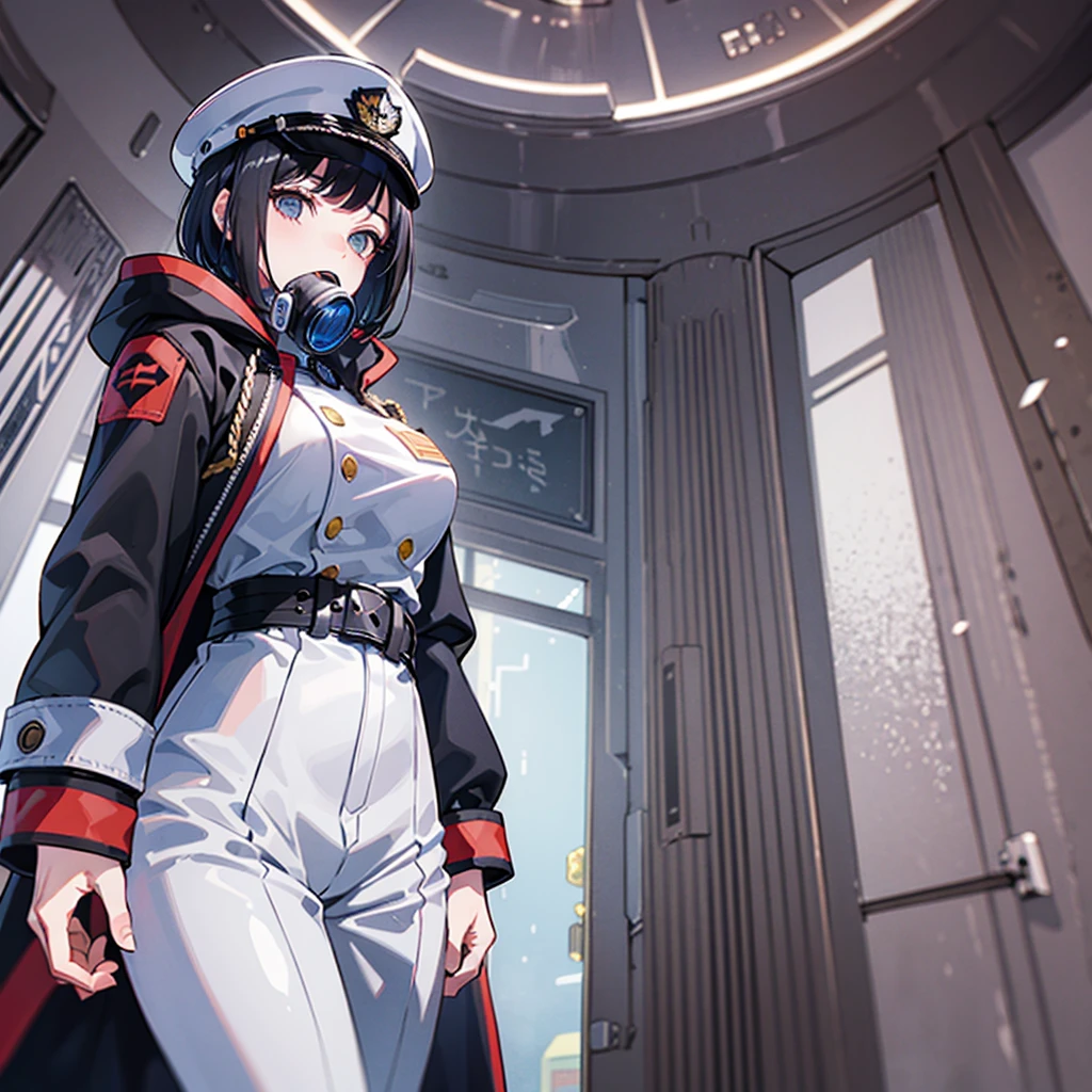 （（（​masterpiece、Top image quality、top-quality、highly detailed unity 8ｋwall-paper）））、（Illustration of one woman）、30-years old、（Viceroy）、（（Black hair bob cut））、（（（Gas mask covering the mouth）））、（（（Gas mask covering the mouth）））、Gray eyes、（（Tall））、（（huge tit））、（（Military uniforms））、（（Military Cap））、（（Military coat））、（white  clothes）、（White pants）、（White cap）、trench coat、（（（Inside a futuristic spaceship、Inside the bridge、The Universe on the Monitor）））