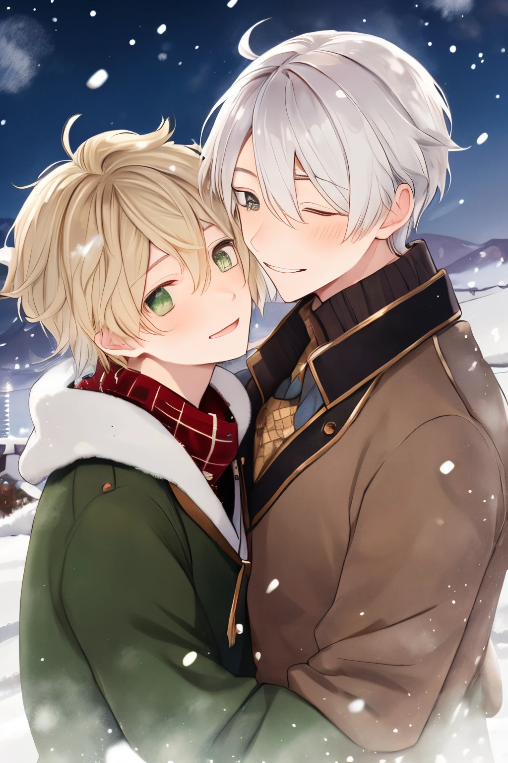 Unparalleled beauty,face perfect、Perfect Eye、green eyes Makoto Shinkai、Blonde and silver-haired、steam、steam、White breath、closing eye、Winter Outfit、snowscape、Landscape like an ink painting、 (2man),ゲイのmale people関係, male people,、stare at each other、Smiling,snow blowing