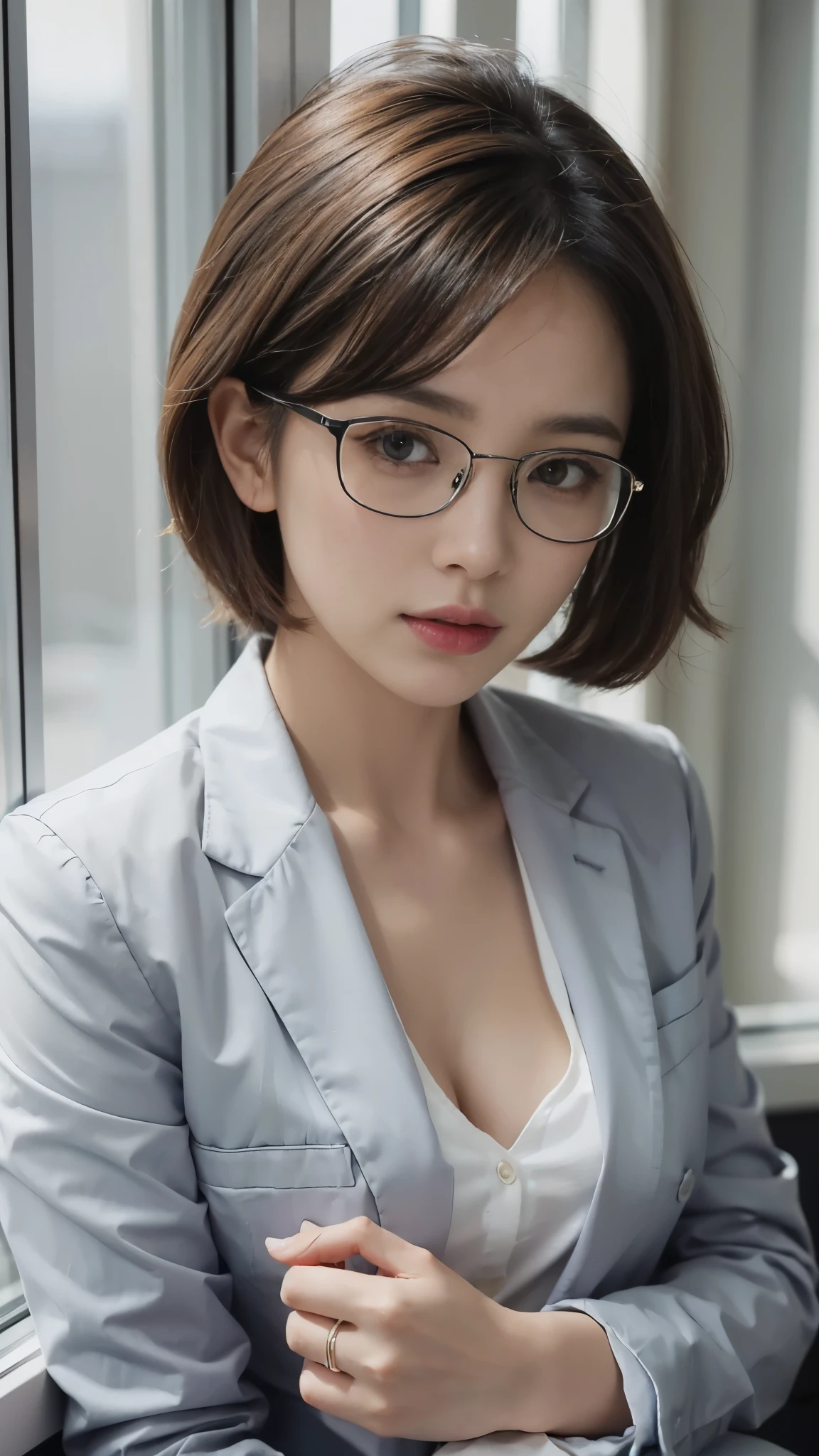 Looking at Viewer, Cinematic lighting, Perfect, softlight, High resolution skin:1.2, Realistic skin texture, 30 years old mature woman、a small face、no-makeup、off shoulders,Bust B Cup、 Exposed cleavage, Small breasts、Short hair, dark brown hair、leggins、Sportsbra、fullnude、Gray background