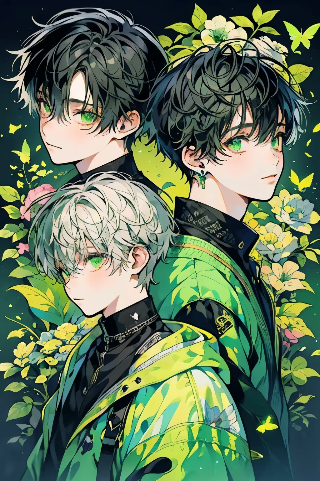 (masutepiece), (Best Quality), Highly detailed, (Two Boys:1.5),Perfect face, Beautiful face, extra detailed face,(Green eye:1.3),florals,butterflys々,floralsびら,optic,(Happy face:1.3),(Black-haired boy:1.4),(White-haired boy:1.4)