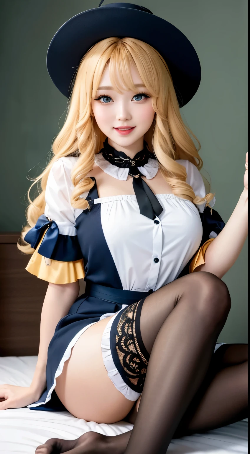 (tmasterpiece, 最好的quality), the hair,curlies, light blue eyes, A yellow-haired one, arm bow, long layered stockings:1.1), nature backdrop,A high resolution, quality, 超quality, the ultra-detailed, lighting like a movie、facing at the camera,1 girl,The large、Put on black stockings,whitet-shirt, laughing very happily、curlies、很长的the hair、Background hotel bedroom,sit on a bed,lift the foot,Split legs,Close-up of feet