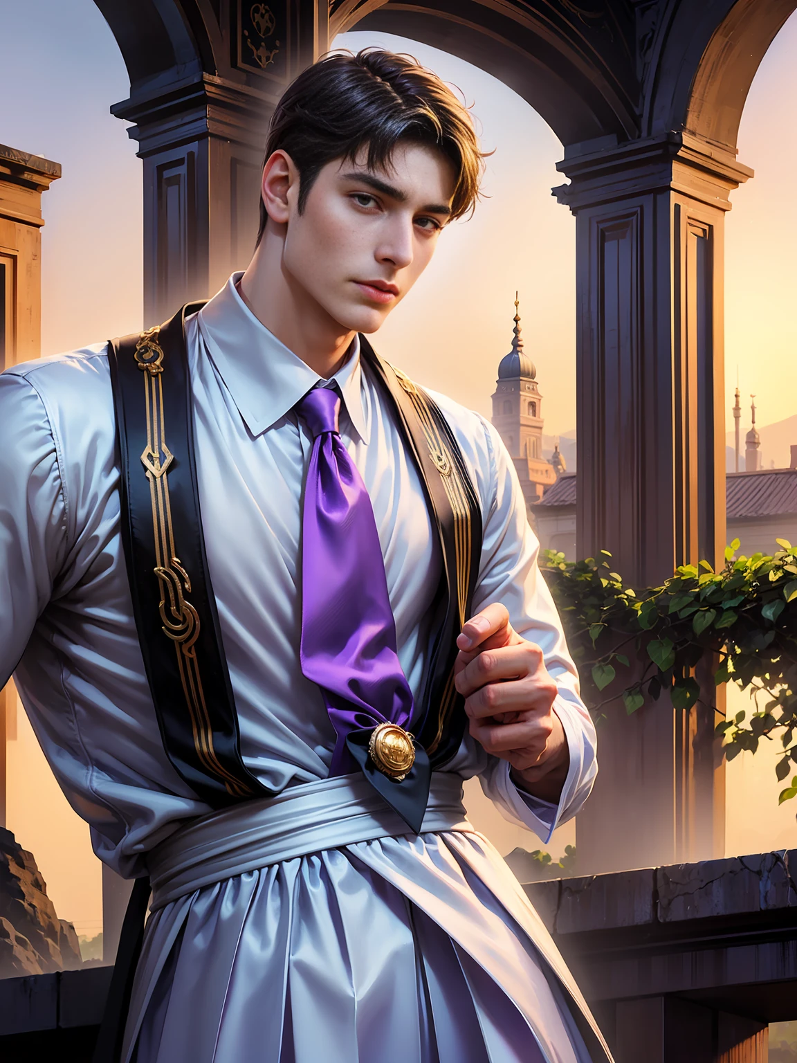 Roman Emperor Constantine the Great resurrected in modern times。34 years old。one adult male。Long body。broad shoulder。thick neck。eyes like a lion。Bright and sharp eyes。calm and strong。Sincere and kind。Kind and reliable。Deal with it sternly if necessary.。talented and hardworking businessman。successful gentleman。careerist。he is wearing a high quality white suit。dark purple tie。Light purple shirt。forceful。An overwhelming sense of control。Happiness in love。Bold composition。look up to。lyrical。Dramatic。heartful。Romantic。Travel situation。Exotic。Romanticism。Mysterious。opulent。elegan。elegance。Italy shining in the golden morning sun、Background of the Arch of Constantine the Great。repentance。Forgiveness。soothing。reconciliation。​masterpiece。top-quality。Super beautiful。The ultra -The high-definition。detaileds。exquisite。