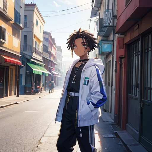 a boy, Italian African Mixed Race, cheveux asap rocky, Transformed into an anime style, with exaggerated unique facial features and clothing, standing on a busy city street, Backlit background highlights the subject, High-contrast colours, 4K High Definition Quality, jeune, souriant, beau