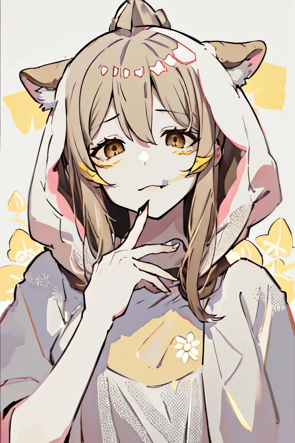 Gaogao-nichka, 1girl in, Solo, Bangs, Brown hair, hoods, , Animal costume, Brown eyes, tusk,
Holding, Holding hair, Solo, artist name, Backlighting, blue flower, close-up, daisy, flower, instagram username, pale color, pixiv ID, Portrait,  Background, Twitter username, white Background, white flower, yellow flower