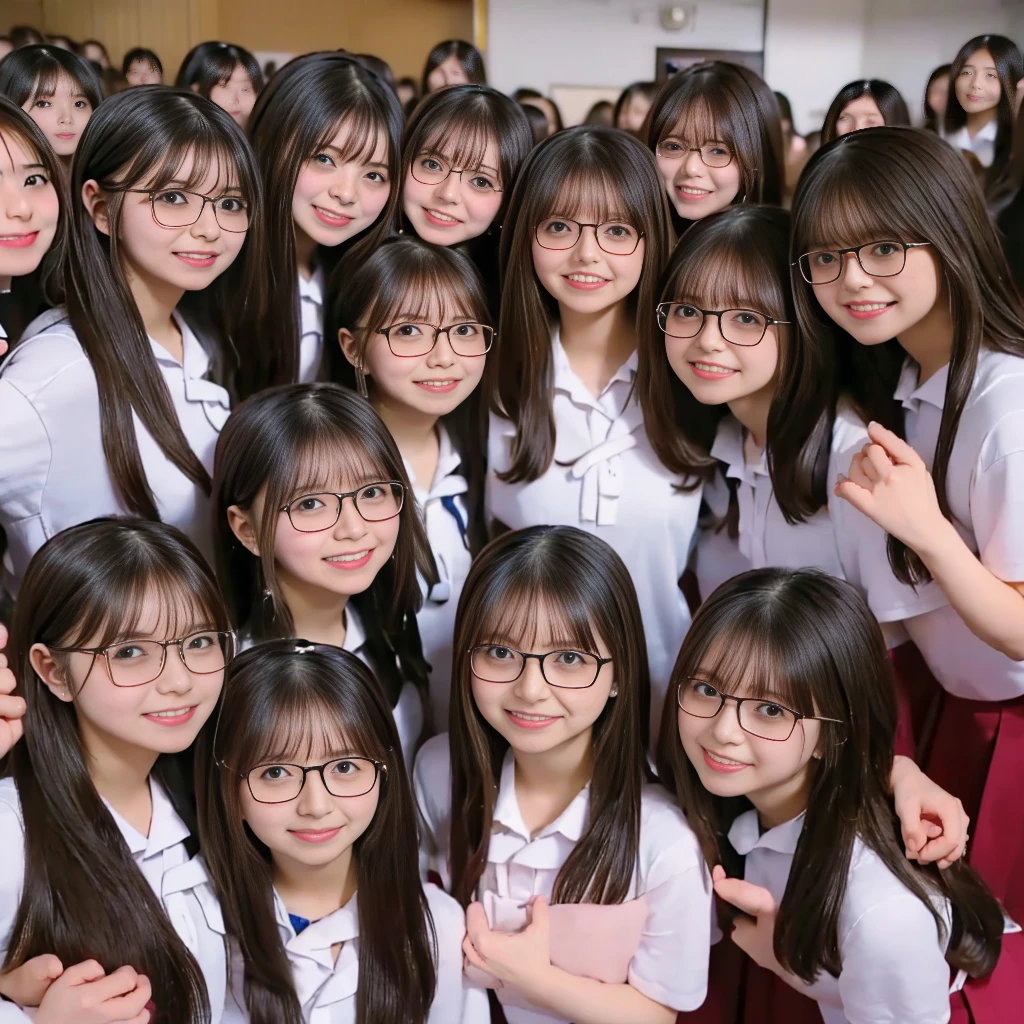 Raw photo、(((multiple girls))),((((6+girls)))),((((100 girls)))),((((1000 girls)))),(((crowd shot))),Women only、((Everyone has the same face)),(((Black-rimmed glasses)))、((matching school uniform))、************、Long black hair、japanes、Black-rimmed glassesをかけたかわいい女子高生100人、a smile、‎Classroom、selfee、same person、High school students