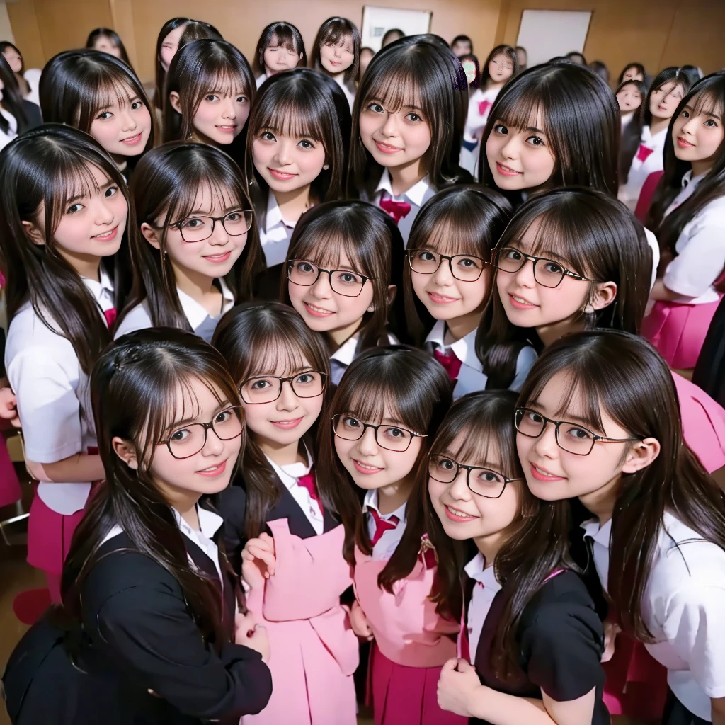 Raw photo、(((multiple girls))),((((6+girls)))),((((100 girls)))),((((1000 girls)))),(((crowd shot))),Women only、((Everyone has the same face)),(((Black-rimmed glasses)))、((matching school uniform))、************、Long black hair、japanes、Black-rimmed glassesをかけたかわいい女子高生100人、a smile、‎Classroom、selfee、same person、High school students