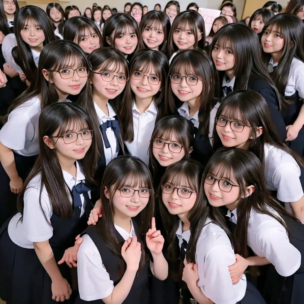 Raw photo、(((multiple girls))),((((6+girls)))),((((100 girls)))),((((1000 girls)))),(((crowd shot))),Women only、((Everyone has the same face)),(((Black-rimmed glasses)))、((matching school uniform))、、Long black hair、japanes、Black-rimmed glassesをかけたかわいい女子高生100人、a smile、‎Classroom、selfee、same person、High school students