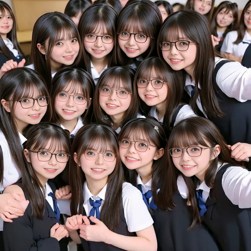 Raw photo、(((multiple girls))),((((6+girls)))),((((100 girls)))),((((1000 girls)))),(((crowd shot))),Women only、((Everyone has the same face)),(((Black-rimmed glasses)))、((matching school uniform))、************、Long black hair、japanes、Black-rimmed glassesをかけたかわいい女子高生100人、a smile、‎Classroom、selfee、same person、High school students