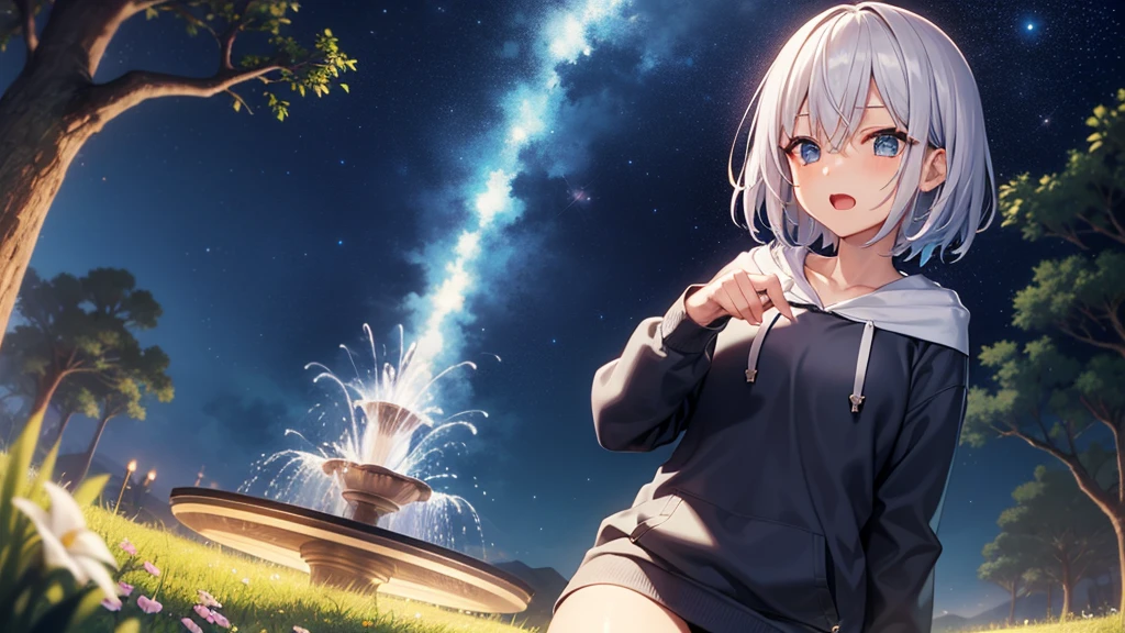 (masutepiece: 1.2, Best Quality), 1 Lady, Solo, silber hair,Shoulder out,Very short hair, long bangs between eyes, blue eyess,Black eyes, Hoodie,White hair, Silver hair, Hoodie, White hoodie、night sky full of stars、rays of moonlight、fountain in the forest、flower field、open open mouth、5 fingers