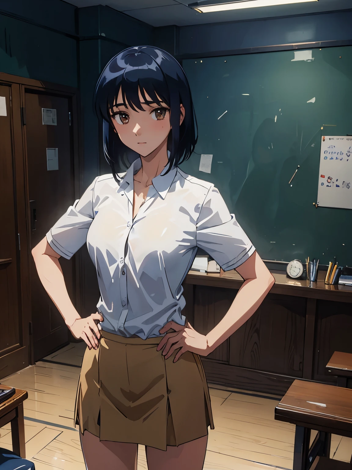 (( masterpiece ))) Background : ( school theme, hallway, best quality, highly detailed ). Character ; ( 1girl, Suou Mikoto, wearing school uniform, innocent, dark blue short hair)