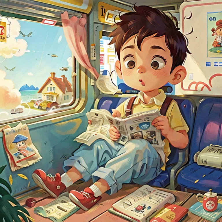 A is sitting in the train reading a newspaper,Outside the car window is the sea